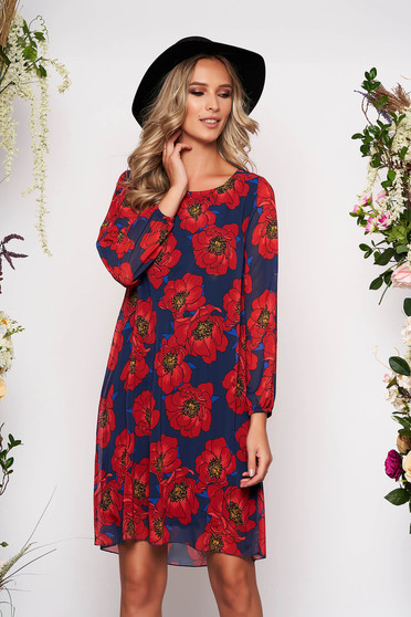 Rochie rosie scurta eleganta cu croi in a cu maneci trei-sferturi decolteu la baza gatului si imprimeu floral