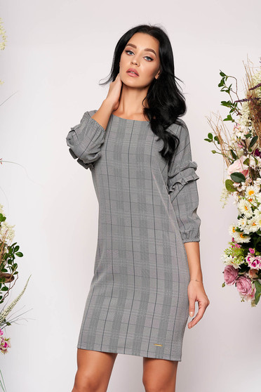 Rochie albastru-inchis scurta eleganta cu un croi drept din stofa in carouri cu volanase la maneca