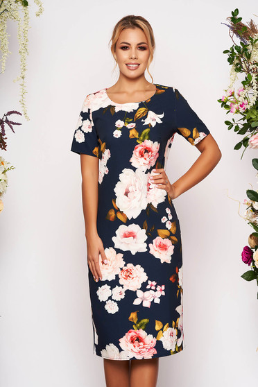 Rochie albastru-inchis scurta cu croi in a cu maneci scurte decolteu la baza gatului cu imprimeu floral
