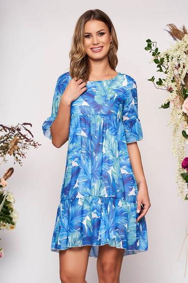 Rochie albastra scurta de zi in clos din voal cu maneci scurte tip clopot cu imprimeu floral
