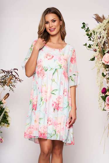 Rochie albastra-deschis scurta de zi in clos din voal cu maneci scurte tip clopot cu imprimeu floral
