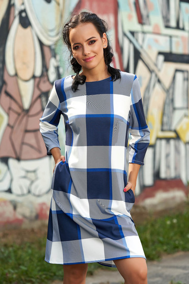 Rochie albastra casual scurta de zi cu croi in a cu buzunare cu maneci trei-sferturi fara captuseala