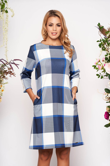 Rochie albastra casual scurta de zi cu croi in a cu buzunare cu maneci trei-sferturi fara captuseala