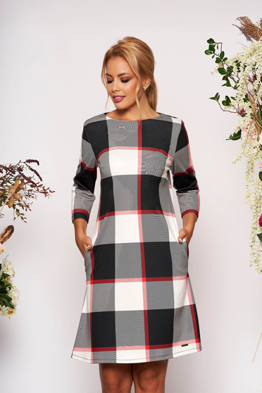 Rochie rosie casual scurta de zi cu croi in a cu buzunare cu maneci trei-sferturi fara captuseala