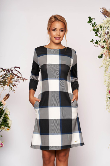 Rochie albastru-inchis casual scurta de zi cu croi in a cu buzunare cu maneci trei-sferturi fara captuseala