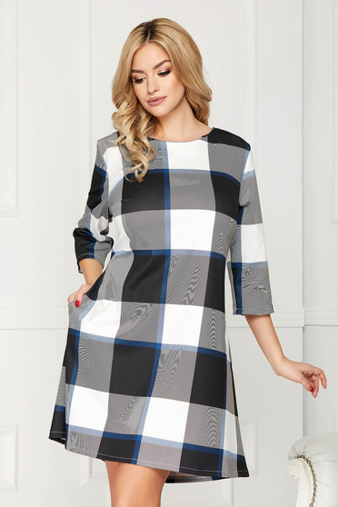 Rochie albastru-inchis casual scurta de zi cu croi in a fara captuseala cu buzunare