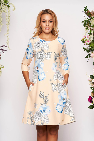 Rochie galbena scurta eleganta cu croi in a cu buzunare fara captuseala cu imprimeu floral