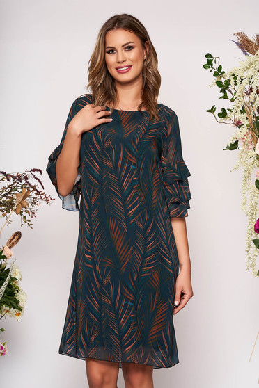 Rochie verde-inchis scurta de zi cu croi in a cu maneci clopot decolteu la baza gatului si imprimeuri grafice
