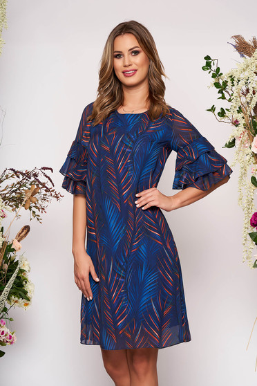 Rochie albastru-inchis scurta de zi cu croi in a cu maneci clopot decolteu la baza gatului si imprimeuri grafice