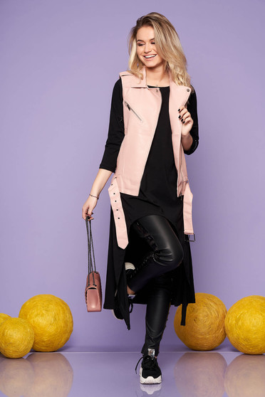 Vesta roz prafuit SunShine casual din imitatie de piele fara maneci cu buzunare si inchidere cu fermoar