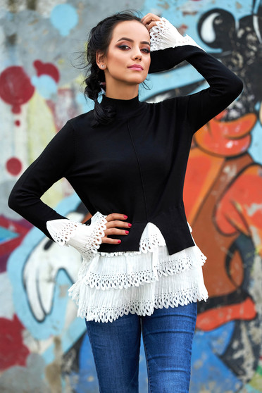Pulover SunShine negru casual asimetric pe gat cu maneca lunga din bumbac subtire