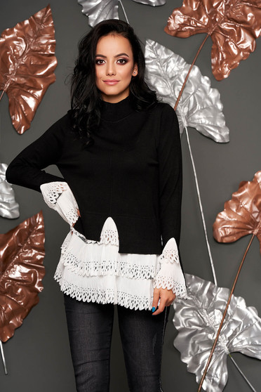 Pulover SunShine negru casual asimetric pe gat cu maneca lunga din bumbac subtire