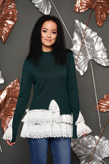 Pulover SunShine verde casual asimetric pe gat cu maneca lunga din bumbac subtire