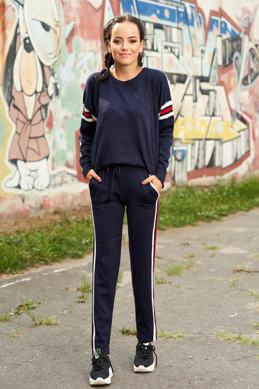 Set SunShine albastru-inchis casual din 2 piese cu pantaloni din material tricotat