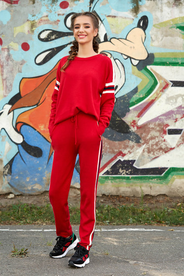 Set SunShine rosu casual din 2 piese cu pantaloni din material tricotat