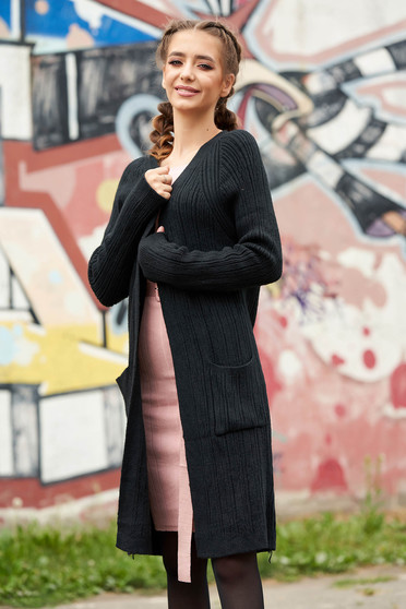Cardigan SunShine negru lung casual tricotat cu buzunare in fata fara inchidere