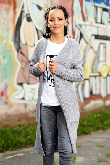 Cardigan SunShine gri lung casual tricotat cu buzunare in fata fara inchidere
