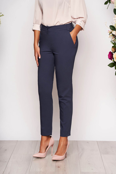 Pantaloni albastru-inchis lungi eleganti cu talie medie conici din stofa subtire cu buzunare