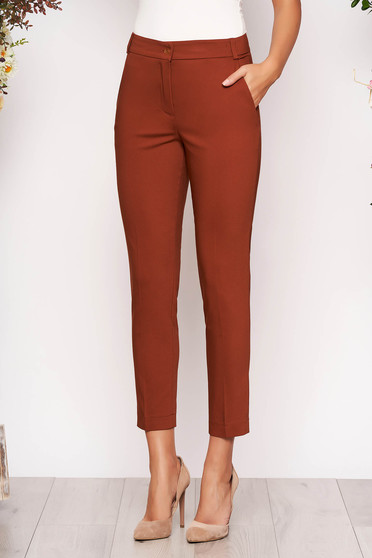 Pantaloni caramizii lungi eleganti cu talie medie conici din stofa subtire cu buzunare