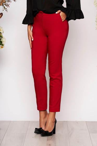 Pantaloni rosii lungi eleganti cu talie medie conici din stofa subtire cu buzunare