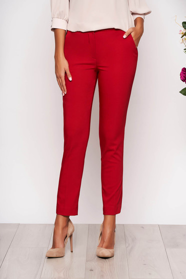 Pantaloni rosii lungi eleganti cu talie medie conici din stofa subtire cu buzunare