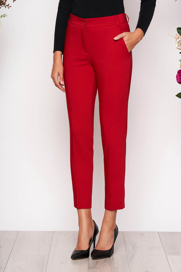 Pantaloni rosii lungi eleganti cu talie medie conici din stofa subtire cu buzunare