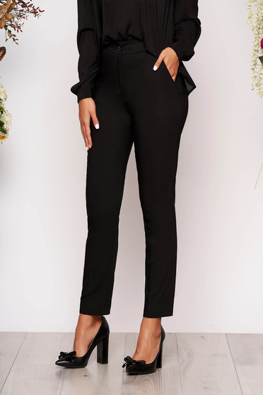 Pantaloni negri lungi eleganti cu talie medie conici din stofa subtire cu buzunare
