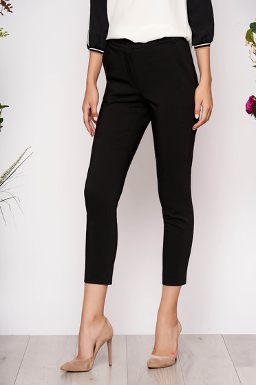 Pantaloni negri lungi eleganti cu talie medie conici din stofa subtire cu buzunare