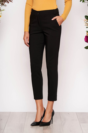 Pantaloni negri lungi eleganti cu talie medie conici din stofa subtire cu buzunare