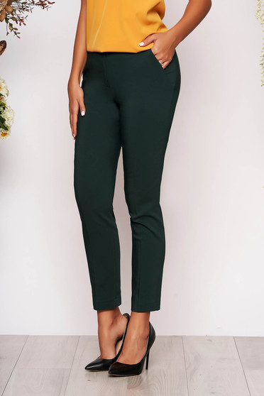 Pantaloni verde inchis lungi eleganti cu talie medie conici din stofa subtire cu buzunare