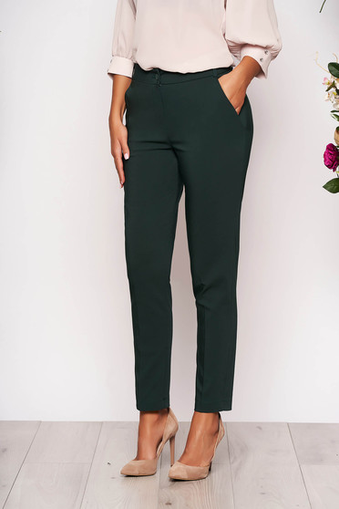 Pantaloni verde inchis lungi eleganti cu talie medie conici din stofa subtire cu buzunare