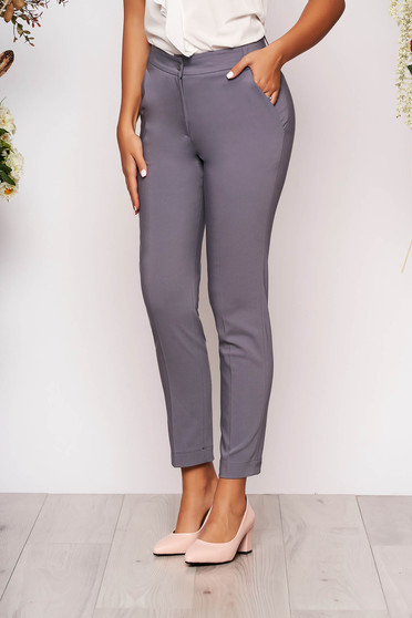 Pantaloni gri lungi eleganti cu talie medie conici din stofa subtire cu buzunare