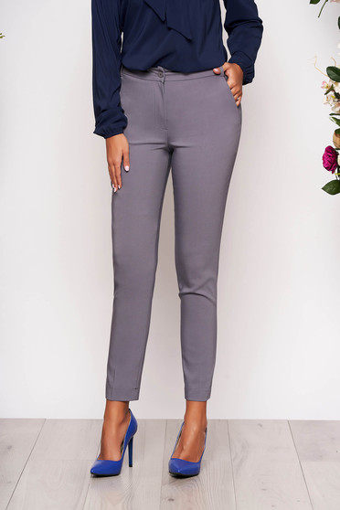 Pantaloni gri lungi eleganti cu talie medie conici din stofa subtire cu buzunare