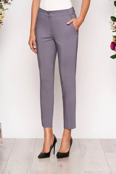 Pantaloni gri lungi eleganti cu talie medie conici din stofa subtire cu buzunare