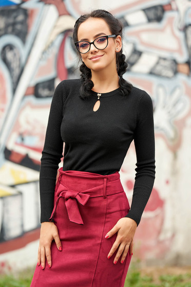 Pulover SunShine negru scurt casual tricotat cu decolteu rotunjit cu fundita