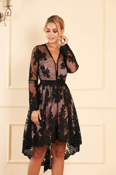 Rochie SunShine neagra scurta de ocazie asimetrica din dantela cu maneca lunga captusita pe interior