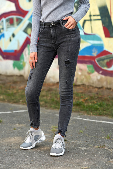 Blugi SunShine gri inchis lungi casual skinny cu talie medie cu buzunare in fata si in spate cu mici rupturi de material