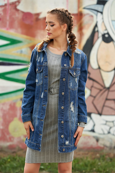 Geaca SunShine albastra midi casual din denim cu croi larg si mici rupturi de material
