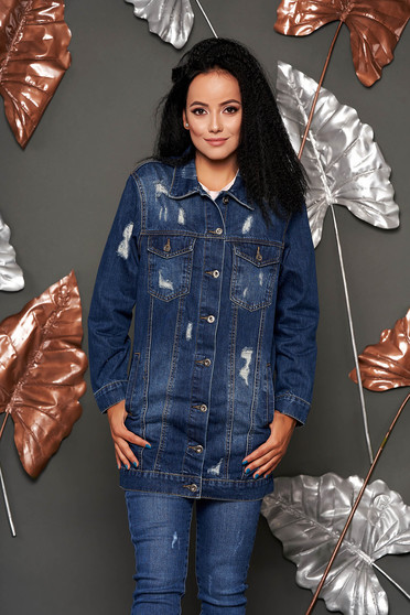 Geaca SunShine albastra midi casual din denim cu croi larg si mici rupturi de material
