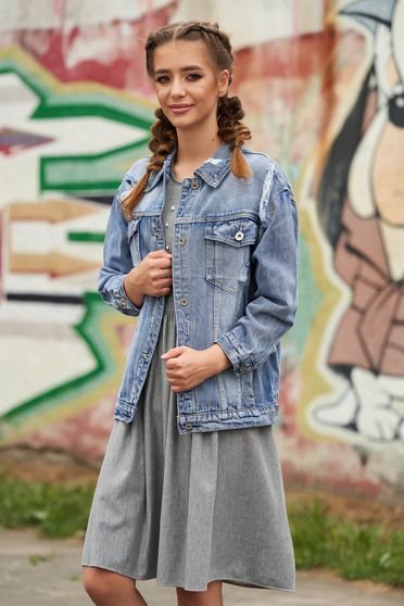 Geaca SunShine albastra scurta casual cu croi larg cu buzunare si inchidere cu capse