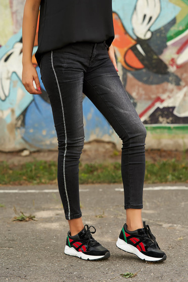 Blugi SunShine negri lungi casual cu talie medie skinny din denim cu buzunare