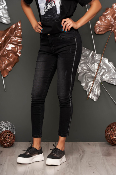 Blugi SunShine negri lungi casual cu talie medie skinny din denim cu buzunare