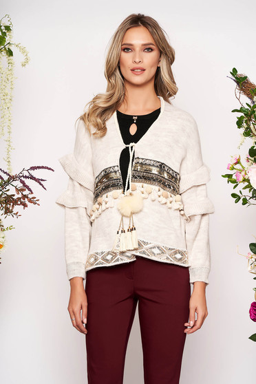 Cardigan crem casual cu croi larg din material tricotat cu aplicatii cu paiete cu snur