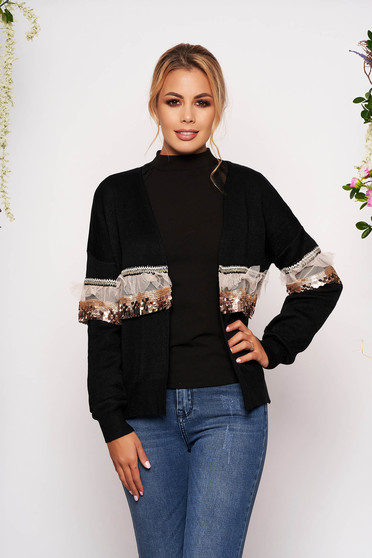 Cardigan SunShine negru casual tricotat cu croi larg cu maneci lungi cu aplicatii cu paiete