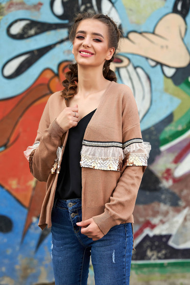 Cardigan maro casual tricotat cu croi larg cu maneci lungi cu aplicatii cu paiete