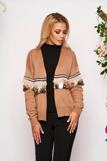 Cardigan SunShine maro casual tricotat cu croi larg cu maneci lungi cu aplicatii cu paiete