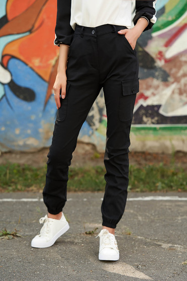 Pantaloni SunShine negri casual din imitatie de denim cu talie inalta cu buzunare in fata si laterale