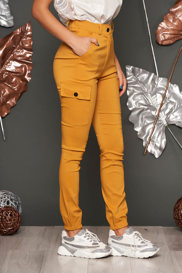 Pantaloni SunShine mustarii casual din imitatie de denim cu talie inalta cu buzunare in fata si laterale