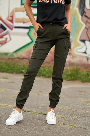 Pantaloni SunShine khaki casual din imitatie de denim cu talie inalta cu buzunare in fata si laterale