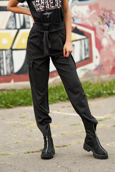 Pantaloni SunShine negri casual cu talie inalta cu buzunare in fata si laterale cu cordon detasabil